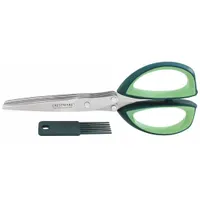 Straight kitchen shears with an ambidextrous ergonomic steel handle. Overall length 8 in, cut length 3 1/2 in. Non-adjustable. NSF Certified. Suitable for cutting food items, packaging, and general kitchen tasks in commercial or home settings