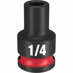 This 3/8" drive impact socket features a 1/4" SAE 6-point standard configuration with friction retention. The black phosphate finish provides corrosion resistance. Designed for use with impact wrenches in fastening and loosening nuts and bolts in automotive, industrial, and maintenance applications.