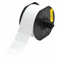 This precut label roll is made of metal-detectable polyester in gray, measuring 1 in x 2 in with a 1 in core. It is designed for use with the Brady i3300 printer series. Typical applications include asset identification and safety labeling in environments where contamination detection is required, such as food processing and pharmaceutical facilities.