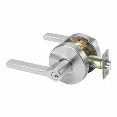 This storeroom lever lockset is designed for applications where access is controlled from the outside with a key and free egress is provided from the inside. It features a satin chromium-plated cast zinc finish, a TB lever style, and is ADA compliant. The lockset meets ANSI A156.2 standards and is suitable for commercial storeroom or closet doors.