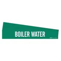 Green pipe marker with white legend text reading 'Boiler Water' without arrows. Designed for pipe outer diameters of 8 inches and larger. Each pack contains 5 adhesive markers. Used for identifying boiler water piping in industrial facilities