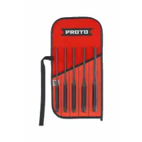 This set includes five flat-tip punches with tip diameters of 1/4 in, 3/16 in, 5/16 in, 5/32 in, and 7/32 in, and shank widths of 1/2 in, 3/8 in, and 7/16 in. Made of steel with SAE sizing, it is used for driving out pins in industrial maintenance and assembly applications