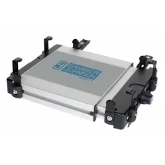 This computer cradle mounts on the overhead guard of forklifts to hold a computer or tablet. It includes a device holder with reversible front and back supports that adjust to accommodate varying depths of computers. Suitable for industrial warehouse and logistics environments where mobile computing is needed.