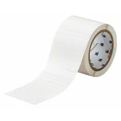 This precut label roll is made of polyimide with a permanent adhesive and a white matte finish. Each label measures 1/4 in by 3 in and is designed for use with THT series printers. Commonly used for durable identification in industrial settings such as electrical panel labeling, wire marking, and component tagging.