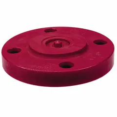 Schedule 80 blind flange made of polyvinylidene, with 1 1/2 in fitting pipe size and 5 in flange outside diameter. Red in color. Used to seal pipe ends in corrosive or outdoor environments requiring UV resistance and Class 150 rating.