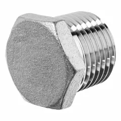 This 316 stainless steel solid plug features NPT threads and a hex drive for secure installation. Rated for 150 psi at 72°F (Class 150), it is used to seal low-pressure pipe systems in industrial plumbing, chemical processing, and marine applications.