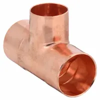 Wrot copper tee fitting with cup ends for soldered connections. Joins three copper tubes of sizes 3/8 in, 3/8 in, and 5/16 in CTS. Used in plumbing and heating systems for branching or combining lines
