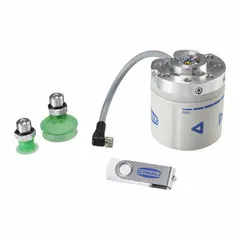 Integration kit for mounting a vacuum gripper onto a Universal Robots UR10 collaborative robot. Includes one mounting flange adapter. Maximum flow rate 1.6 lpm, current rating 0.30 A. Suitable for automated material handling and assembly tasks.