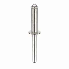 Domed-head blind rivet for fastening materials where only one side is accessible. Body length 31/32 in, overall length 2 19/64 in. Supplied in a 100-pack.