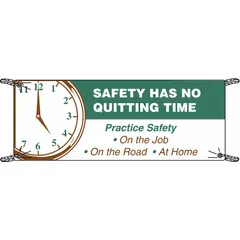 Single-sided polyethylene banner with nominal size 36 in x 60 in, rated for indoor and outdoor use. Displays the message 'Practice Safety On The Job On The Road At Home' on one printed side. Suitable for facility entrances, break rooms, job sites, or community events where safety awareness messaging is needed.