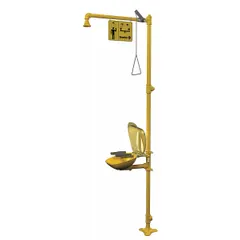Floor-mount emergency shower with eyewash, featuring a covered plastic bowl and galvanized steel pipe. Barrier-free design allows unobstructed access. Suitable for industrial facilities requiring immediate decontamination, such as laboratories, chemical plants, and manufacturing areas.