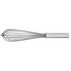 This whisk features a 16-inch overall length and a stainless steel handle in silver. It is designed for mixing, blending, and aerating ingredients in commercial and industrial kitchens. Not dishwasher safe and not NSF certified.