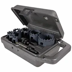 This 11-piece hole saw kit features carbide-tipped teeth with a 2/3 teeth-per-inch configuration for cutting wood, metal, and plastic. The maximum cutting depth is 1 15/16 inches. Suitable for general construction, maintenance, and installation tasks.