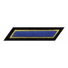 This sew-on embroidered insignia measures 2 inches by 3/8 inch and features a gold hashmark design on a black felt base with plastic backing. It is used to denote service or achievement on uniforms, caps, or tactical gear in military, law enforcement, or ceremonial settings.