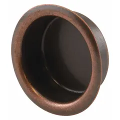 This 4-pack of round recessed tray pulls features a snap-in mounting design for easy installation without visible screws. Made of brass with an antique brass finish and gold color, these pulls provide a low-profile grip for opening drawers, cabinets, or sliding trays.