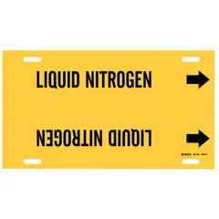 Yellow pipe marker with black legend 'Liquid Nitrogen' and directional arrows. Strap-on design fits pipe outer diameters of 10 to 15 inches. Used to identify liquid nitrogen lines in industrial piping systems.