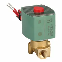 This REDHAT solenoid valve is a 2-way, 2-position normally closed type designed for high flow applications. It has a 1/4 in pipe size and operates on 110V AC voltage. The coil enclosure is without a junction box. Typical uses include on/off control of water, air, and light oil in industrial fluid systems.