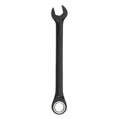 This 14 mm metric spline ratcheting combination wrench features a black chrome finish and an offset design for improved access in confined spaces. The ratcheting action allows for faster fastener turning without repositioning. Suitable for general maintenance, repair, and assembly tasks.