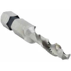 This combination tool drills, taps, and countersinks #10-32 UNF threads in a single operation. It has a 2 1/4-inch overall length and is not impact rated. Suitable for manual or machine use in metalworking and machining applications requiring threaded holes with a chamfer.