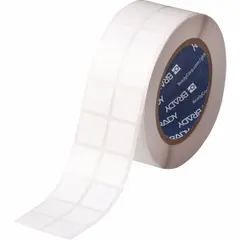 White cryogenic autoclavable polyester precut label roll measuring 29/32 in x 29/32 in. Designed for use with THT printer series and IP-R4300 ribbon. Suitable for labeling equipment and samples exposed to extreme cold or autoclave sterilization in laboratory and industrial settings.