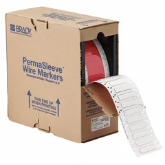 Precut sleeve label roll made of white matte polyolefin, measuring 1/4 in x 2 in. Designed for wire identification on 8 AWG to 12 AWG conductors. Compatible with BBP11 printer series. Used in industrial electrical panels, machinery, and control systems for clear, durable wire marking.