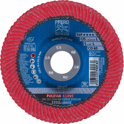 PFERD Flap Disc: Radial, 5" x 7/8", Ceramic, 60 Grit, Fiberglass Bk, High Density - Cool-Cutting Flap Discs for Carbon & Stainless Steel