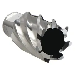 This high-speed steel annular cutter is designed for general cutting of metals in fabrication and maintenance. It features a 2 in cutter diameter, 1 in maximum cutting depth, and a bright finish cobalt steel construction with a Weldon Flat shank for fractional inch applications.