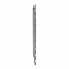 General purpose reciprocating saw blade with 5 teeth per inch, 12-inch length, and 0.2-inch thickness. Tapered and flexible design enables curved cuts. Suitable for cutting wood, plastic, and drywall in construction and demolition tasks.