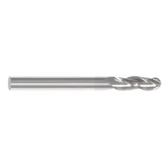 Carbide ball end mill with TiCN coating for wear resistance. Three flutes, 1/2" mill diameter, 1" length of cut, 3" overall length. Used for contouring, slotting, and profiling in metalworking applications.