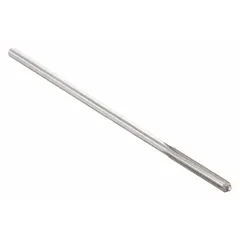 This straight-flute chucking reamer is made of high-speed steel for precision reaming operations. It has a diameter of 0.1015 inches (size #38) and is used to enlarge and finish holes to tight tolerances in metalworking applications.