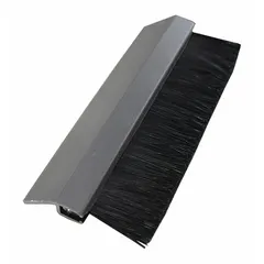 This nylon brush seal features a 45° angle holder with pre-punched slotted holes for easy mounting. The staggered composite widths range from 3 ft to 5 ft, with a 1 in brush length. It is used in material handling and industrial door applications to block drafts, dust, and pests.