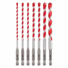This 7-piece hex-shank hammer drill bit set includes sizes 5/32, 3/16, 1/4, 5/16, and 3/8 inches. Designed for use in hammer drills, these bits are suited for drilling into masonry, concrete, and brick for anchor installation and general construction tasks.