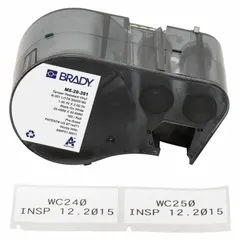 Combined label and ribbon cartridge for BMP53 printer series. Labels are 2 in x 1 in, vinyl with permanent acrylic adhesive, halogen-free. Destructible material provides tamper evidence for asset identification and security labeling.