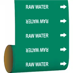 Green background pipe markers with white 'Raw Water' legend and directional arrows, designed for pipes with outer diameter of 2 inches or smaller. Each roll contains 30 self-adhesive markers suitable for identifying raw water lines in facility piping systems.