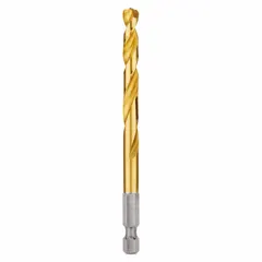 This 17/64" hex shank drill bit is part of the Shockwave Impact Duty series, featuring a TiN-coated HSS construction and a 135° split point. It is impact-rated for use with impact drivers, reducing walking during start-up. Suitable for drilling in metal, wood, and plastic in maintenance, fabrication, and construction tasks.