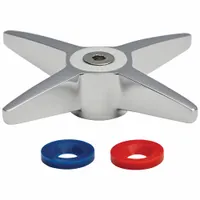 Metal cross faucet handle with polished chrome plate finish. Includes blue index button. For use with hot, cold, or tempered water. Compatible with Chicago Faucets fixtures. Suitable for replacement in commercial or institutional settings