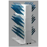 Benchtop drying rack made of ABS plastic with 114 pegs, each 4 inches long. Overall dimensions: 14 3/4 in length, 10 in width. Designed for benchtop mounting to air-dry laboratory glassware, tubing, and small parts after washing