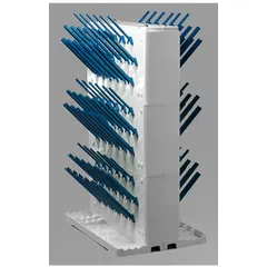 Benchtop drying rack made of ABS plastic with 114 pegs, each 4 inches long. Overall dimensions: 14 3/4 in length, 10 in width. Designed for benchtop mounting to air-dry laboratory glassware, tubing, and small parts after washing.