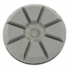 White, round resin polishing pad with 800 grit and 8 segments. Used for fine surface finishing of concrete floors and countertops.