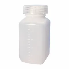 HDPE wide mouth round lab bottle with 250 mL (8 fl oz) capacity, natural body, and polypropylene closure (45-415 neck finish). Graduated for volume measurement. Suitable for storing, mixing, and dispensing liquids in laboratory environments.