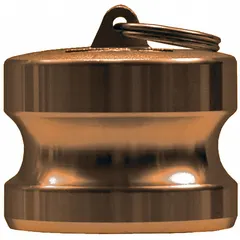Forged brass dust plug for cam-and-groove couplings. Seals the coupling end when not in use to protect against dirt and debris. Rated for 250 psi maximum working pressure at 70°F. Overall length 2 11/32 in.