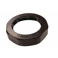 Plastic drain nut for securing drain assemblies in wash fountains. Used as a replacement or installation component to prevent leaks and ensure wastewater removal in commercial or institutional restroom facilities.