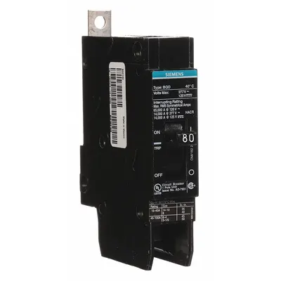 SIEMENS Miniature Circuit Breaker: 80 A Amps, 277V AC, 1 Poles - BQD Series, Bolt-On Siemens Miniature Circuit Breakers
