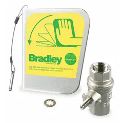 Push handle with on/off valve for activating eyewash stations. Features a stainless steel handle and includes mounting hardware. Compatible with Classic and Yellow series eyewash units. Inlet pipe size is 1/2 in NPT female.