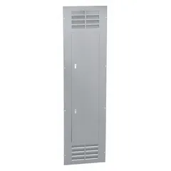 Steel door cover for NQ and NF panelboards, 74 inches long, 20 inches wide, rated 400 A. Vented design allows heat dissipation. Flush mounting for surface installations. Suitable for use in electrical distribution systems requiring enclosure and ventilation.