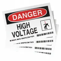These adhesive-mounted danger high voltage signs are made of polyester with a thickness of 0.01 in. Each sign measures 3 1/2 in x 5 in and is supplied in a pack of 5. They are not retroreflective, not glow-in-the-dark, and have no anti-slip surface, suitable for indoor warning applications near electrical hazards