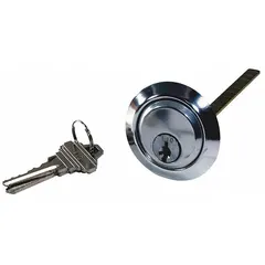 This rim cylinder is designed for use in garage door locking mechanisms, providing keyed access control for overhead doors. It is commonly installed in commercial or industrial settings where secure entry is required.
