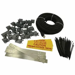 This cut-to-length electric heating cable kit is designed for use on gutters and roofs to prevent ice dams and snow buildup. It operates on 120V AC with a NEMA 5-15P plug and includes 17 AWG bus wires. Suitable for indoor and outdoor applications.