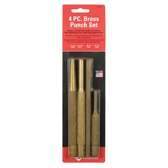 This 4-piece combination punch set includes a 1/4 in solid punch and a pin punch with overall lengths of 4 in and 6 in. The non-sparking construction makes it suitable for use in environments where flammable materials are present. Punches are stored in a bag for organization.