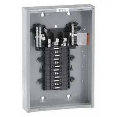 This 125A main lug load center is designed for 3-phase, 208Y/120/240V AC indoor installations. It provides 24 spaces for branch circuit breakers and has a 65kA short-circuit current rating. The enclosure cover must be ordered separately; no tandem breakers are permitted.